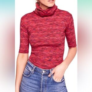 Free People Womens Sunshine Space Dye Elbow Sleeves Turtleneck Top Red